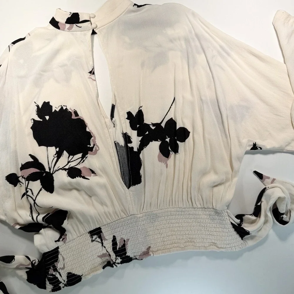 Free People Long Sleeve Ivory Black Floral Print Top Cutouts Tie Waist L‎